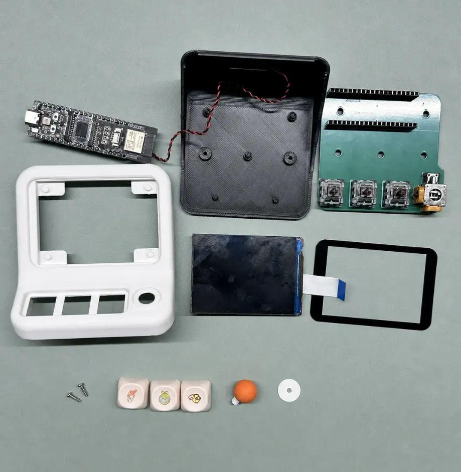 Everything the unit is made of: development board, front and rear case, baseboard PCB, screen, keycaps, joystick cap and screws