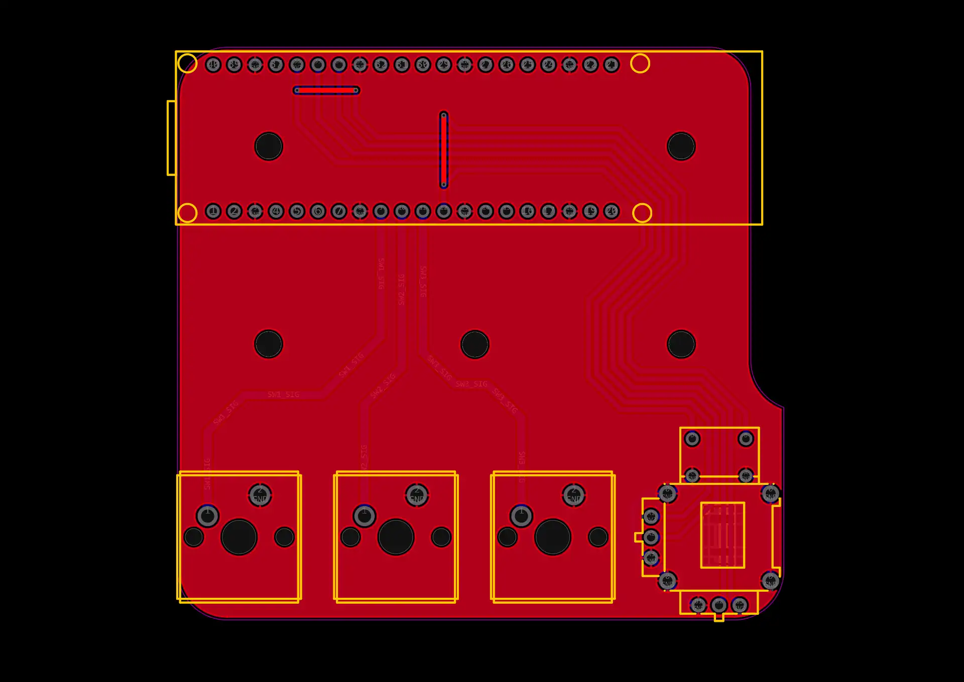 Baseboard PCB layout: the board's header pads, three switch footprints and the joystick